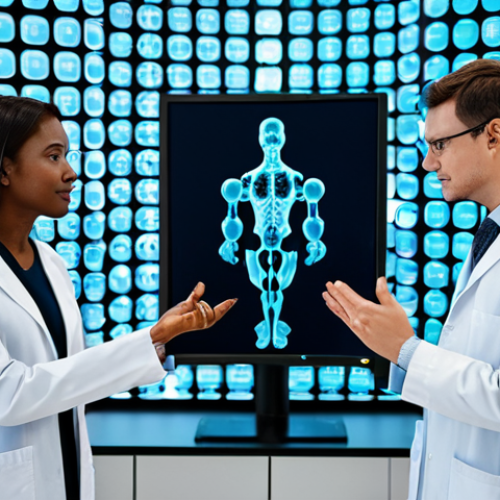 A diverse team of professional scientists in pristine lab coats, engaged in AI-driven drug discovery within a high-tech pharmaceutical research laboratory. They are gathered around a large holographic display showcasing intricate 3D molecular structures, complex bioinformatics data visualizations, and predictive models for drug efficacy and safety. The lab is clean, well-lit, and equipped with advanced robotics in the background. The atmosphere is collaborative and innovative. Fully clothed, modest clothing, appropriate attire, professional dress, safe for work, appropriate content, perfect anatomy, correct proportions, natural pose, well-formed hands, proper finger count, natural body proportions, professional photography, high resolution, cinematic lighting, family-friendly.