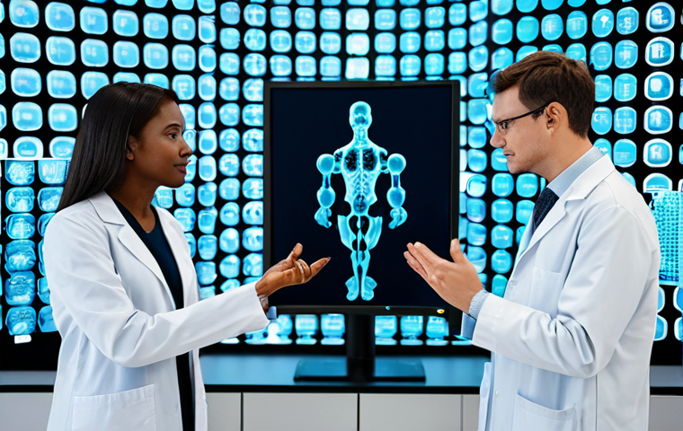 A diverse team of professional scientists in pristine lab coats, engaged in AI-driven drug discovery within a high-tech pharmaceutical research laboratory. They are gathered around a large holographic display showcasing intricate 3D molecular structures, complex bioinformatics data visualizations, and predictive models for drug efficacy and safety. The lab is clean, well-lit, and equipped with advanced robotics in the background. The atmosphere is collaborative and innovative. Fully clothed, modest clothing, appropriate attire, professional dress, safe for work, appropriate content, perfect anatomy, correct proportions, natural pose, well-formed hands, proper finger count, natural body proportions, professional photography, high resolution, cinematic lighting, family-friendly.