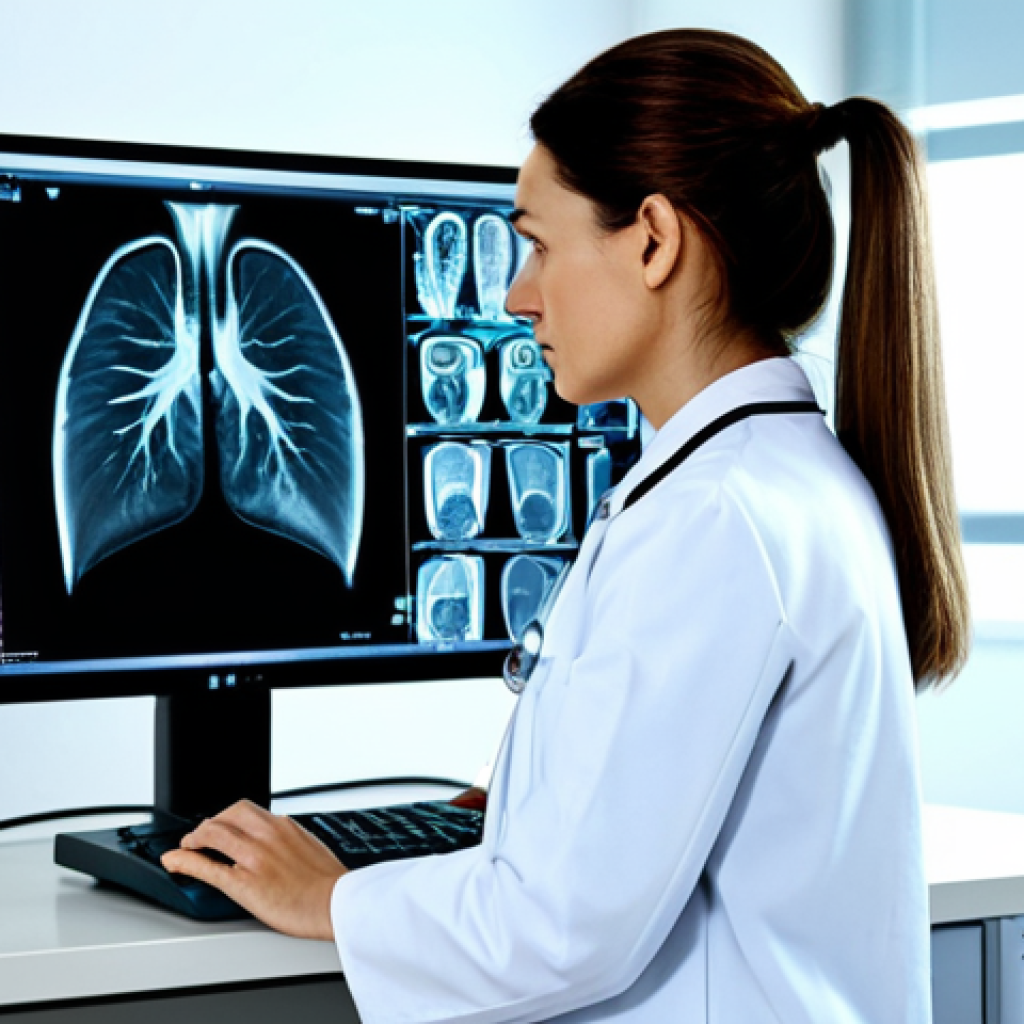 **
"A professional female doctor in a modest lab coat, analyzing a complex X-ray image on a computer screen in a brightly lit, modern hospital room, fully clothed, appropriate content, safe for work, perfect anatomy, natural proportions, professional, high-resolution."
**