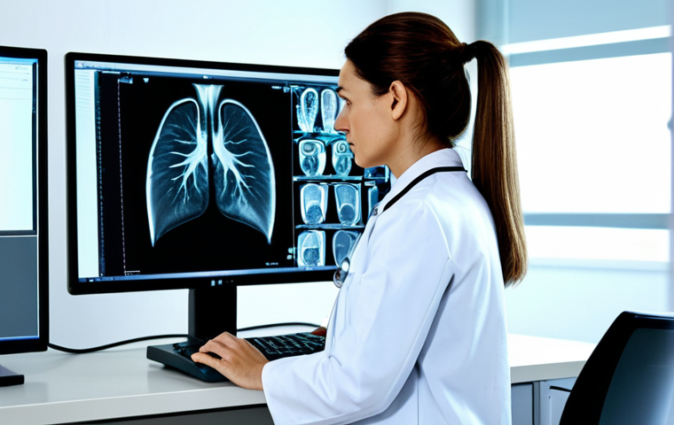 **
"A professional female doctor in a modest lab coat, analyzing a complex X-ray image on a computer screen in a brightly lit, modern hospital room, fully clothed, appropriate content, safe for work, perfect anatomy, natural proportions, professional, high-resolution."
**