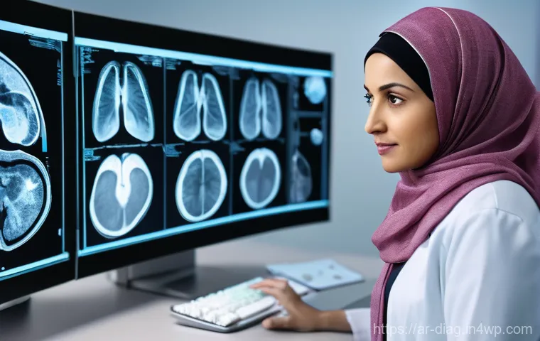 AI 기술을 활용한 질병 진단의 장점 - **Prompt for AI-enhanced Early Detection:**
"A highly skilled and compassionate female radiologi...