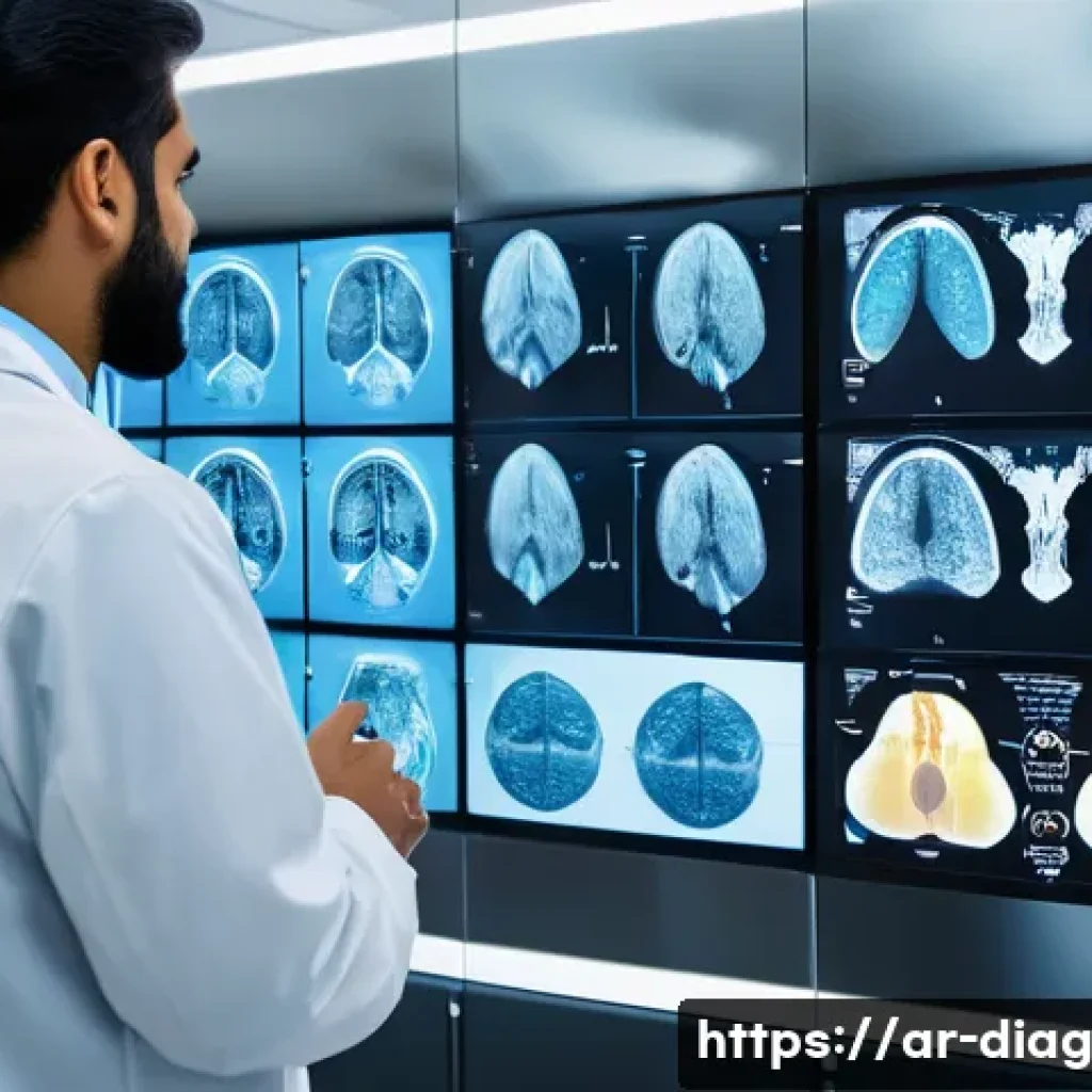 AI 의료진단의 발전과 향후 과제 - A futuristic medical imaging lab in a Middle Eastern hospital, featuring a diverse team of Arab doct...