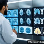 Home 22 AI 의료진단의 발전과 향후 과제 - A futuristic medical imaging lab in a Middle Eastern hospital, featuring a diverse team of Arab doct...