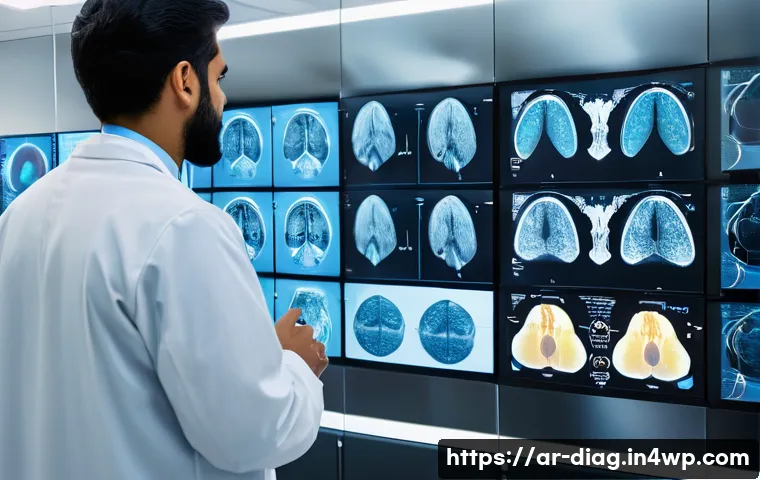 AI 의료진단의 발전과 향후 과제 - A futuristic medical imaging lab in a Middle Eastern hospital, featuring a diverse team of Arab doct...