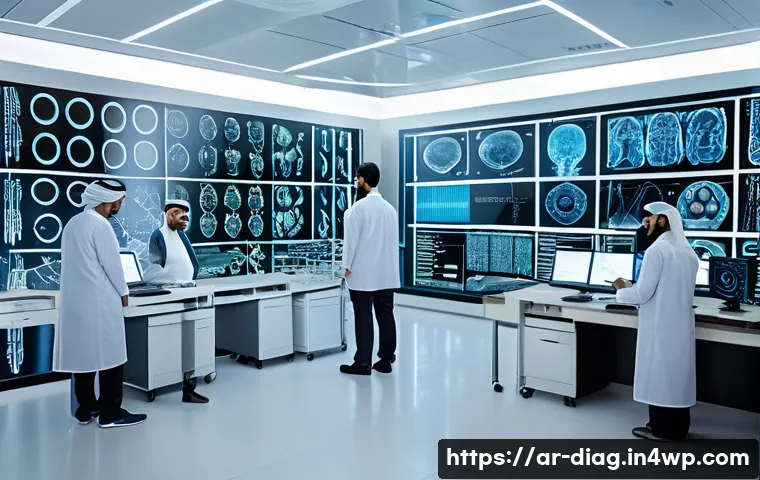 AI 의료진단의 오진 사례와 원인 - A modern medical AI diagnostic laboratory setting in a Middle Eastern hospital, featuring diverse Ar...