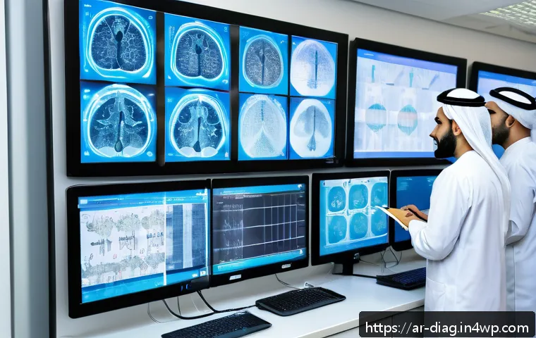 AI 의료진단 시스템의 유지보수 방법 - A modern medical AI diagnostic center in a Middle Eastern hospital, featuring diverse Arab medical p...
