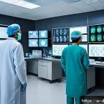 Home 23 AI 의료진단의 연구 동향 - A modern Middle Eastern hospital diagnostic room featuring an advanced AI deep learning system analy...