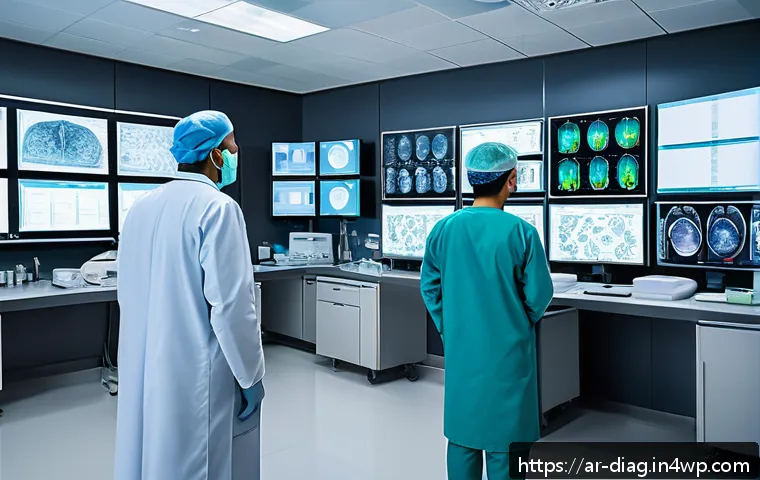 AI 의료진단의 연구 동향 - A modern Middle Eastern hospital diagnostic room featuring an advanced AI deep learning system analy...