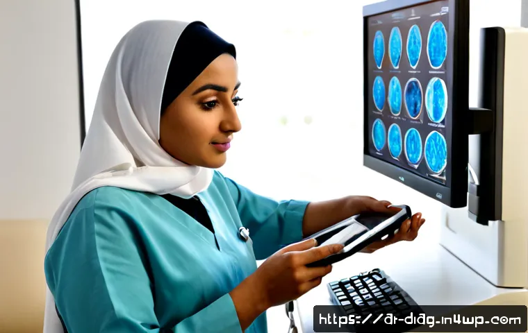 AI 의료진단의 기술적 한계점 - Photorealistic modern hospital consultation room in an Arab Gulf city, a female Arab doctor in modes...