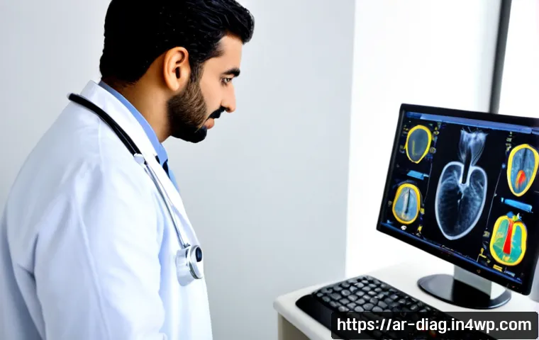 AI 의료진단의 다양한 응용 분야 - Photorealistic Arab radiologist in a modern Gulf hospital reviewing a large chest scan on a clean di...
