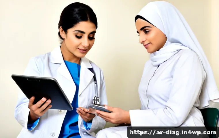 AI 의료진단의 환자 맞춤형 서비스 개발 - Photorealistic consultation in a modern Gulf-region medical clinic, an Arab female doctor wearing a ...
